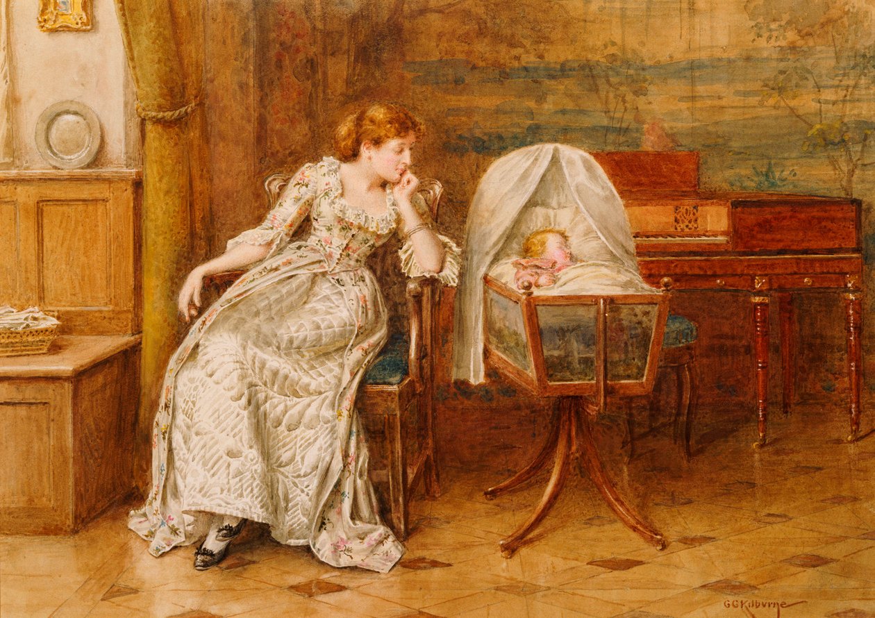 Et interiør med en mor og et barn af George Goodwin Kilburne