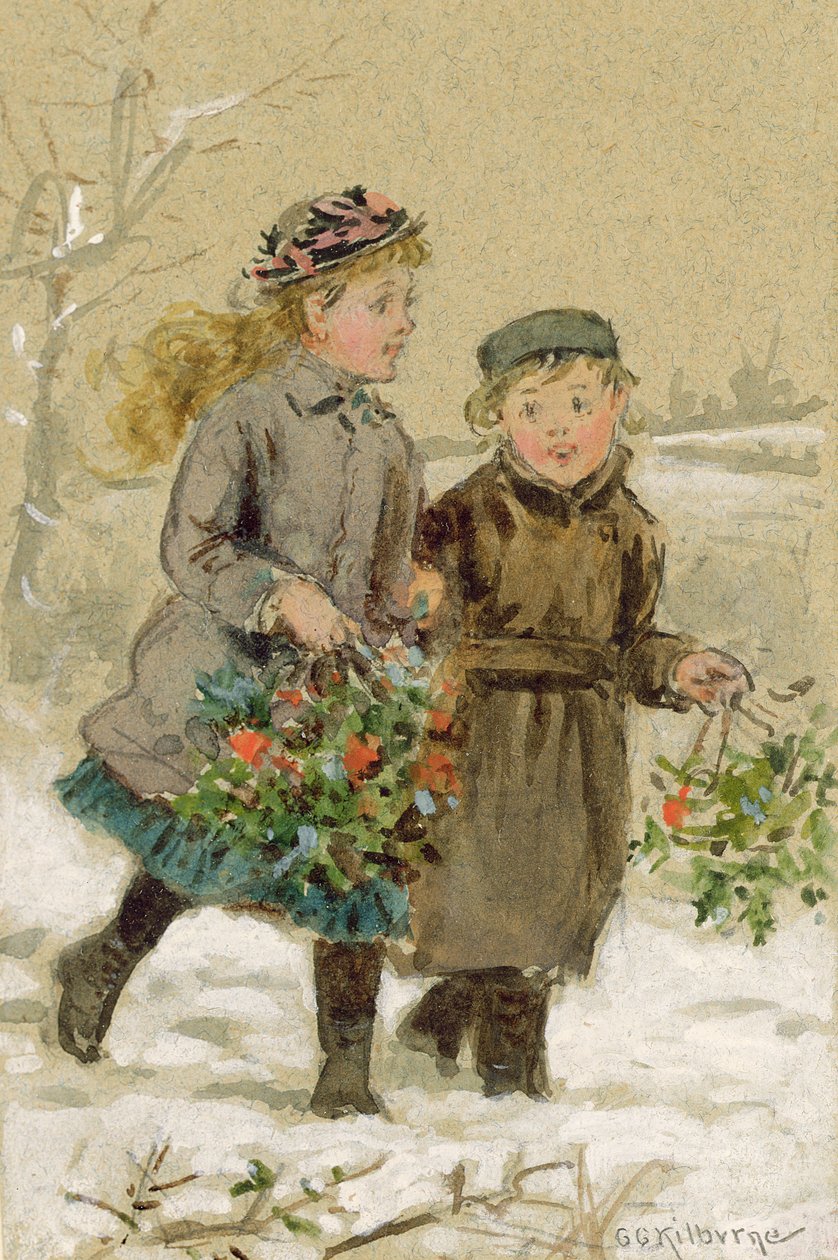 Børn leger i sneen - Samler kristtorn (wc forhøjet med hvidt på papir) (se 224240 for par) af George Goodwin Kilburne