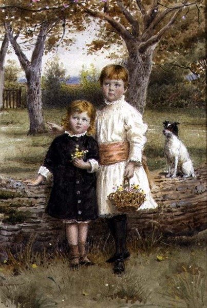 To søstre med en kurv med blomster af George Goodwin Kilburne