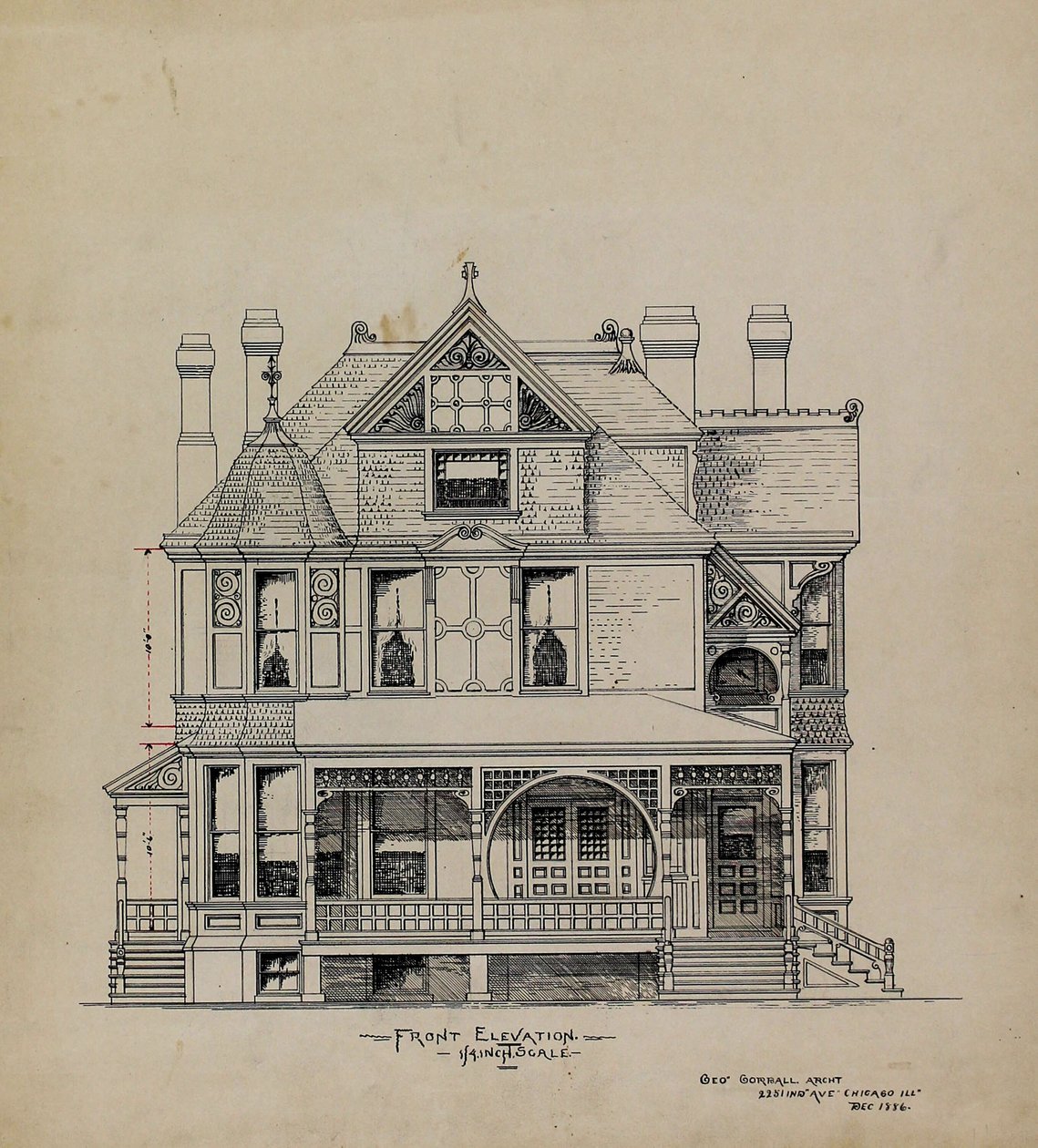 Præsentationsdesigntegninger, bolig for Dr. Stratford, Chicago, Illinois, Front Elevation af George Gorball