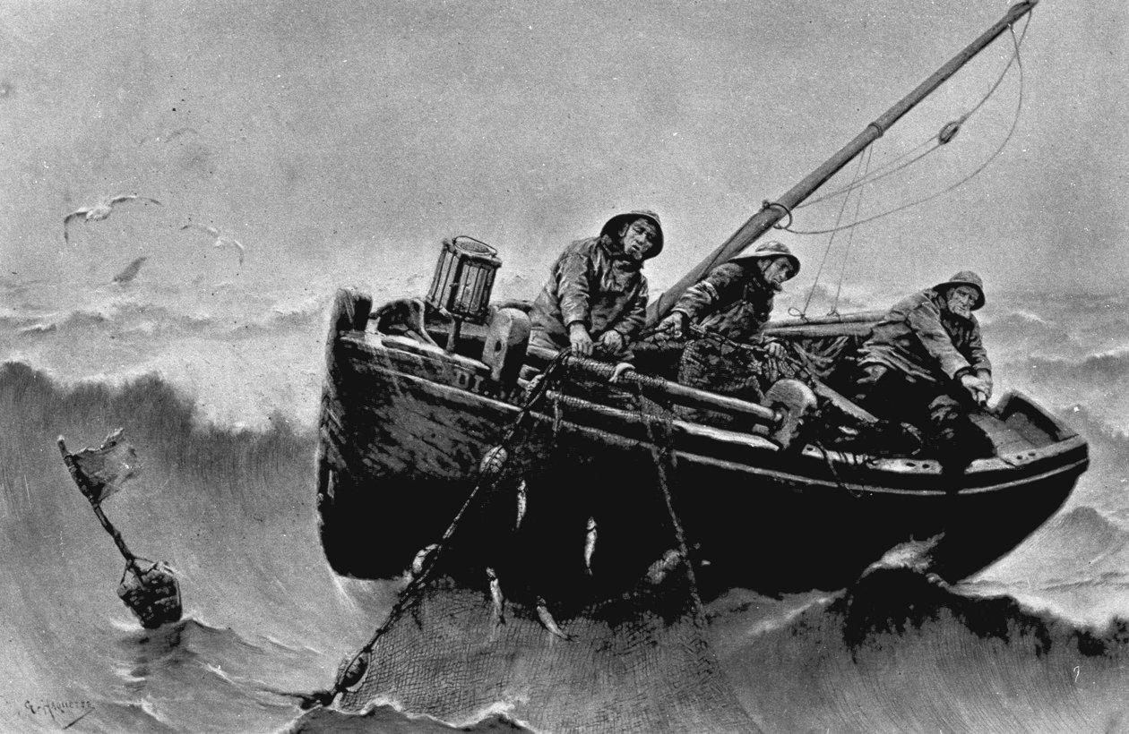 Sildefiskeri. Illustration af Haquette, Georges Jean Marie (1854 - 1906). Blæk. af George Haquette