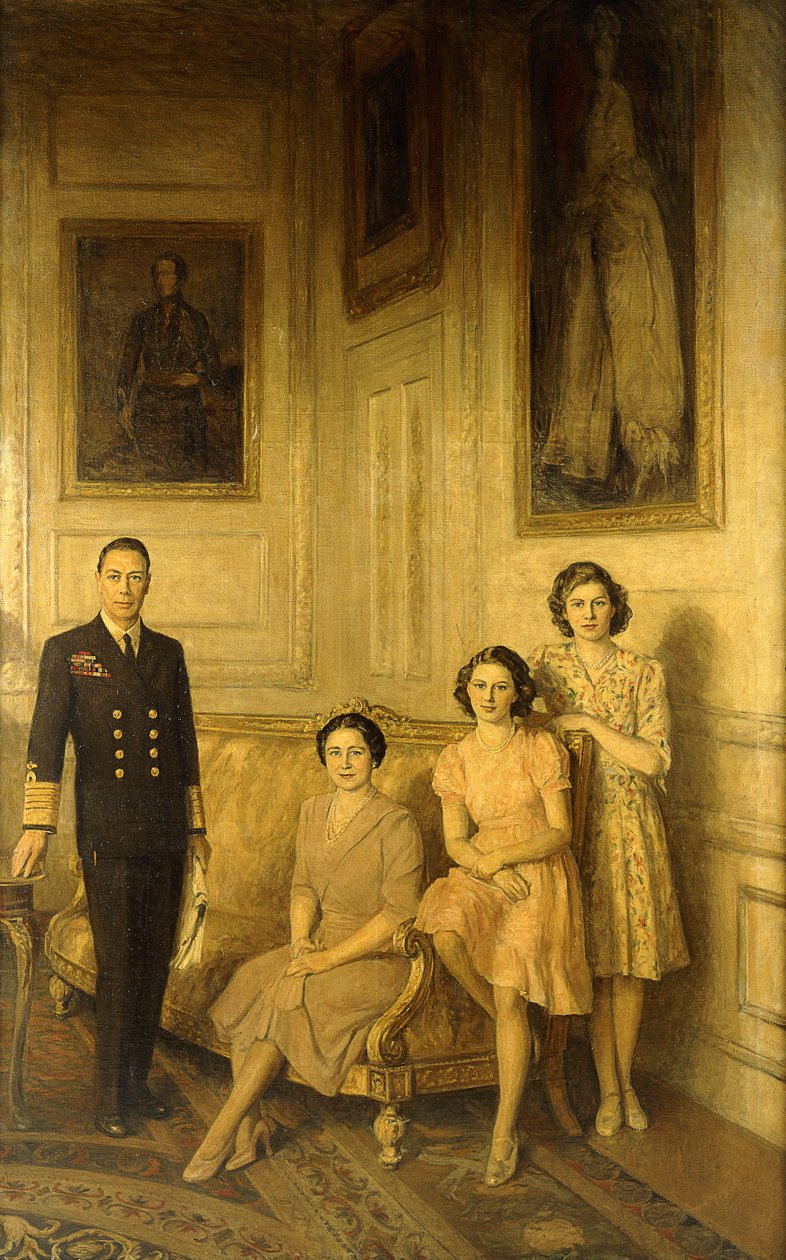 Kongefamilien: Kong George VI, dronning Elizabeth og deres to døtre, prinsesse Margaret og prinsesse Elizabeth af George Harcourt