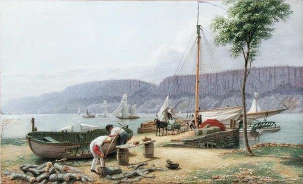 Eftermiddag - Hastings Landing. Palisade Rocks i Shadow, New York, ca. 1836 (akvarel, gouache og grafit på papir) af George Harvey