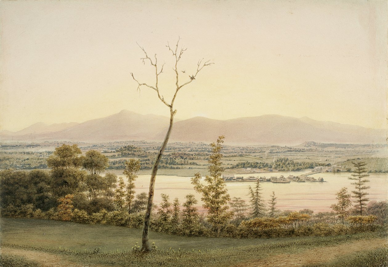 Early Twilight, Kaatskill Catskill Landing og Mountains fra East Bank of the Hudson, New York, 1840 (akvarel, grafit, selektiv glasering, gouache og strejf af ridser ud på papir for af George Harvey