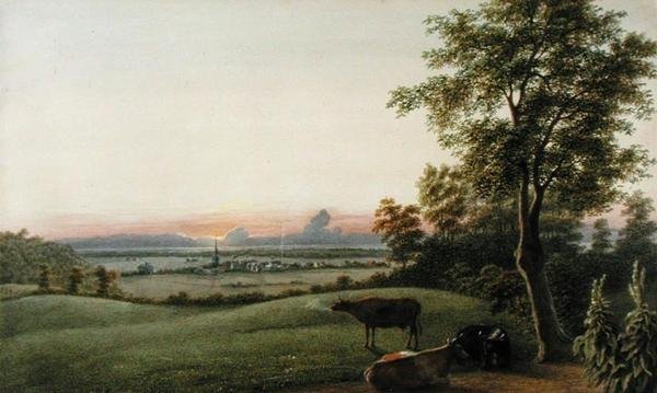 Sunrise - Flatbush and the Ocean fra Greenwood Cemetery, Long Island, New York, ca. 1830-40 (akvarel, gouache og grafit på papir) af George Harvey