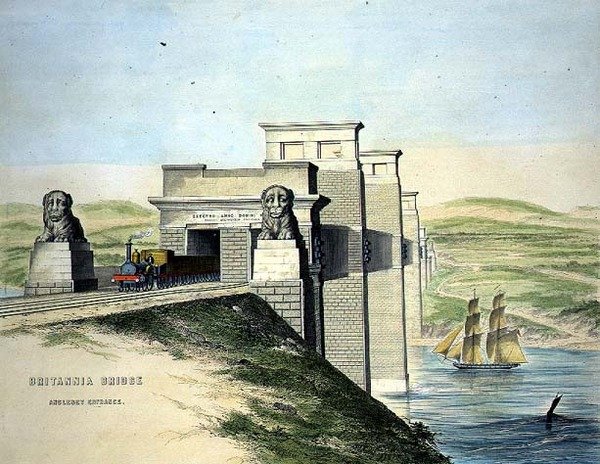 Britannia Bridge, Anglesey Entrance, indgraveret af kunstneren, pub. 1849 (farve litho) (for sort/hvid se 109679) af George Hawkins