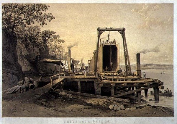 Britannia Bridge, Platform and Construction of Tubes, september 1848, graveret af kunstneren, pub. 1849 (litografi) af George Hawkins
