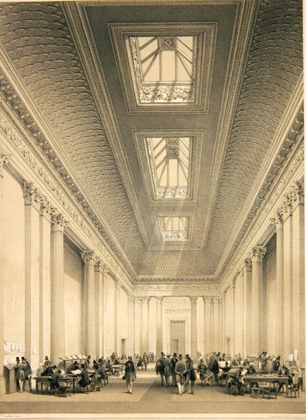 Interiør af Hall of Commerce, Threadneedle Street, London, ca. 1850 (litho) af George Hawkins