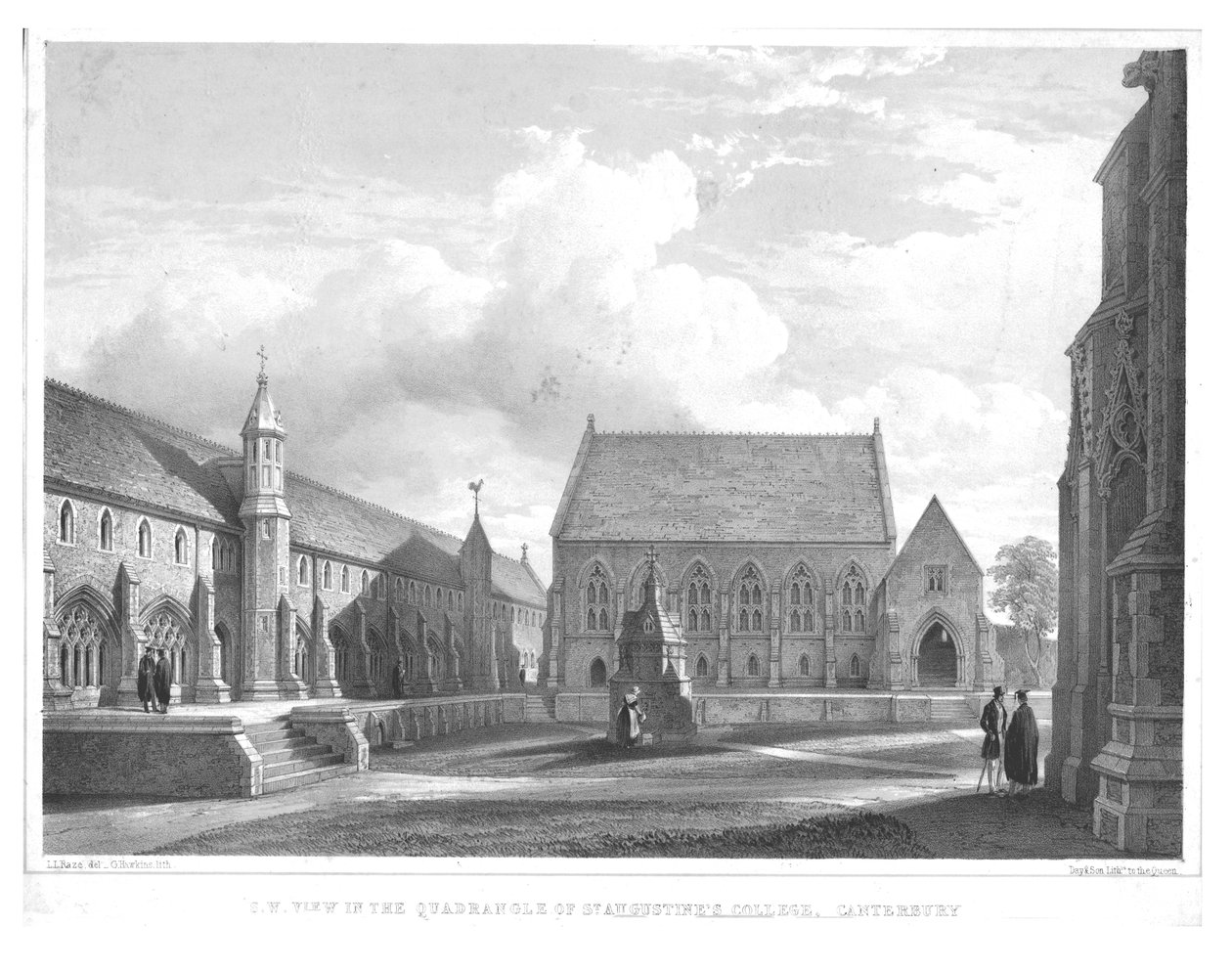 S.W. Udsigt i Quadrangle of St. Augustines College, Canterbury, c1847. af George Hawkins