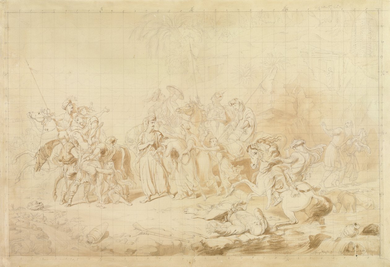 Banditti fra Kurdistan hjælper georgiere med at overraske og bortføre cirkassiske kvinder ca. 1827-28 (pen og brunt blæk på vævet papir) af George Hayter