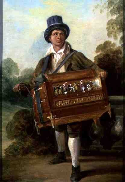 Hurdy Gurdy Player (olie på panel) af George Hayter
