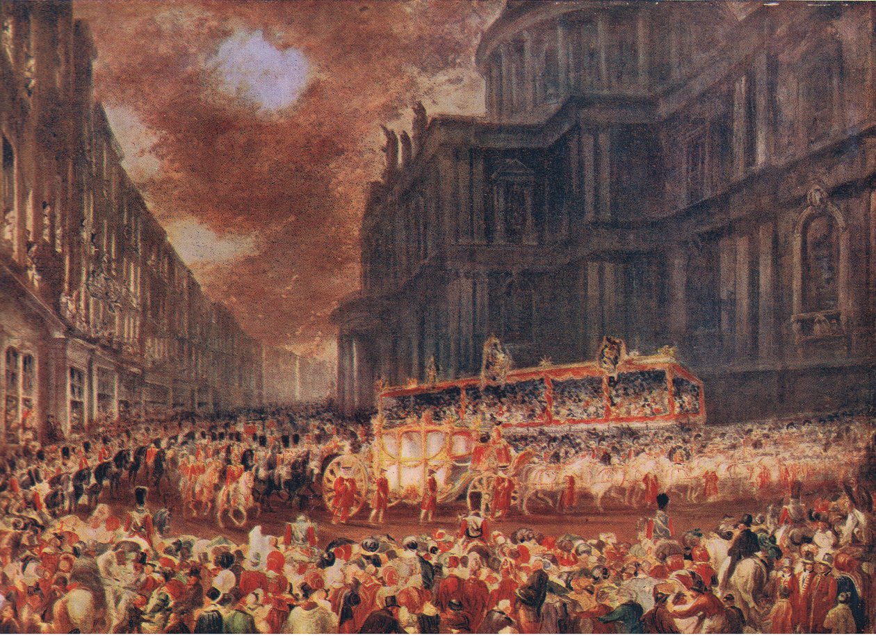 Dronning Victorias første statsbesøg i London 1837, fra Cassells History of the British People udgivet af Waverley Book Company Limited, ca. 1940 af George Hayter