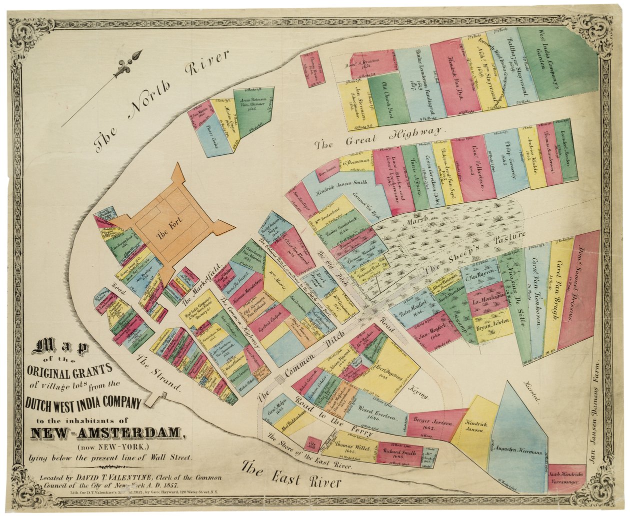 Kort over de oprindelige tildelinger af landsbygrunde fra det hollandske vestindiske kompagni til indbyggerne i New-Amsterdam (nu New-York), der ligger under den nuværende linje på Wall Street, 1857 (sort blæk, med farve af George Hayward