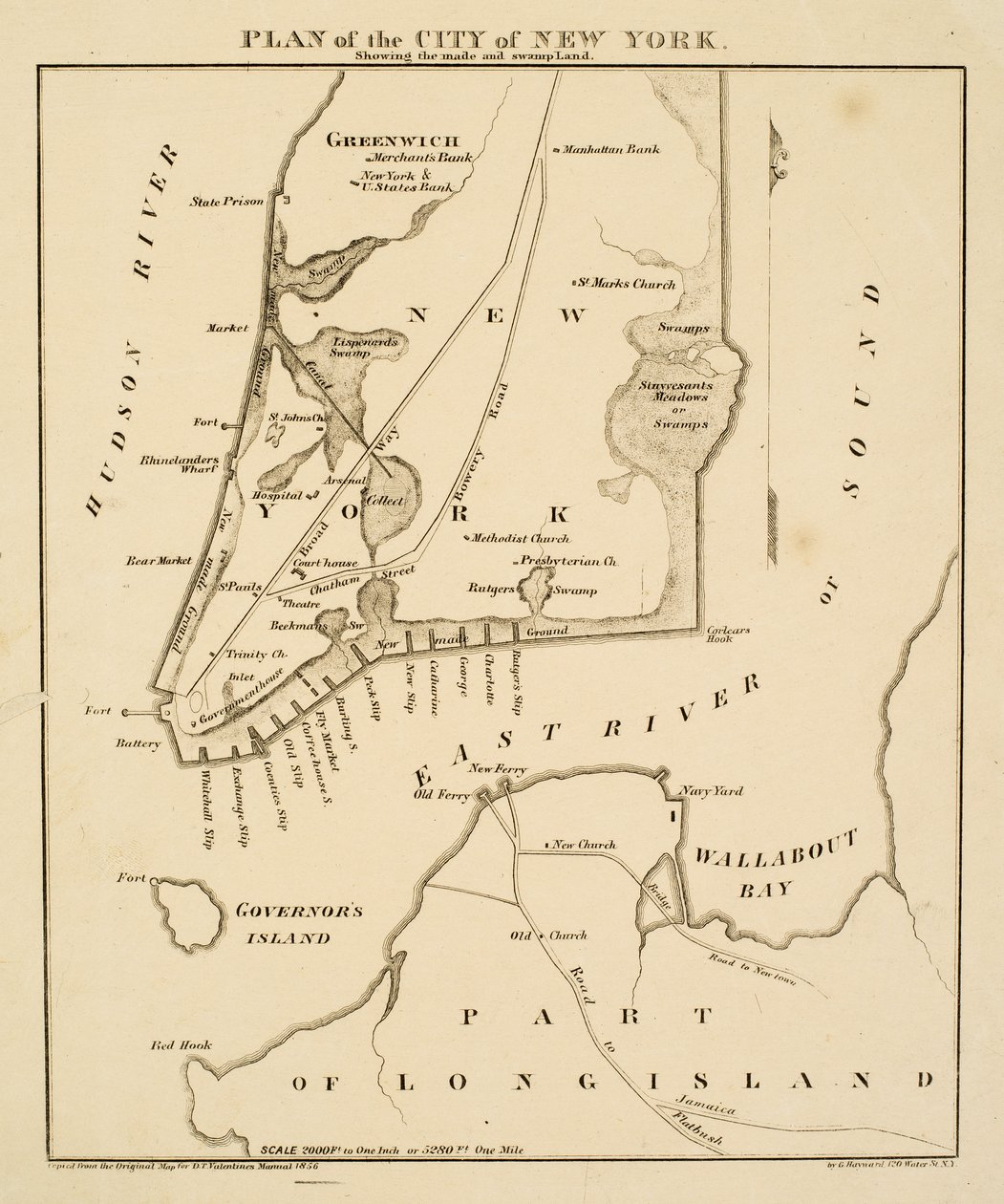 Plan over byen New York med angivelse af de lavede [sic] og sumpområder, 1856 (sort blæk på papir) af George Hayward