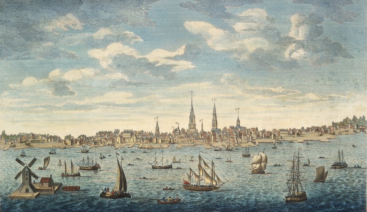 An East Prospective View Of the City of Philadelphia, in the Province of Pennsylvania, In North America: taken from the Jersey Shore, pub. London, 1774 (håndkoloreret gravering) af George Heap