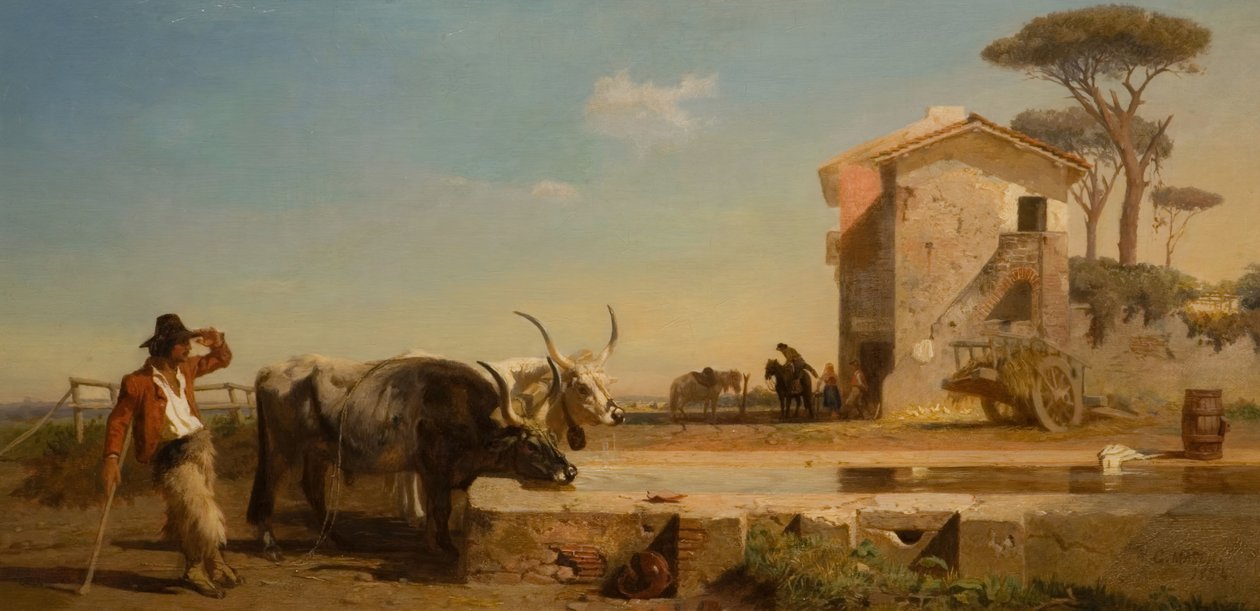 Kvæg på et drikkested i Campagna, Rom, 1854. af George Heming Mason