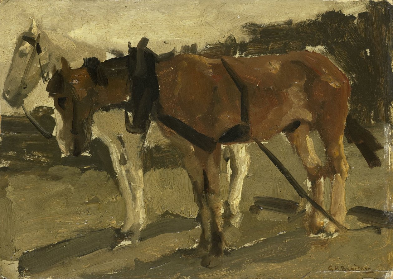 En brun og en hvid hest i Scheveningen af George Hendrik Breitner