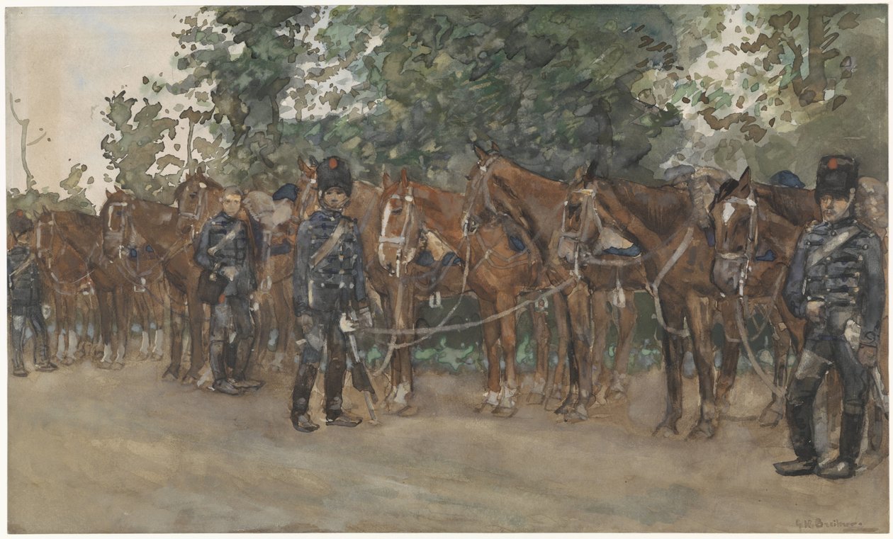 Husarer står ved siden af ​​deres heste ved siden af ​​vejen af George Hendrik Breitner