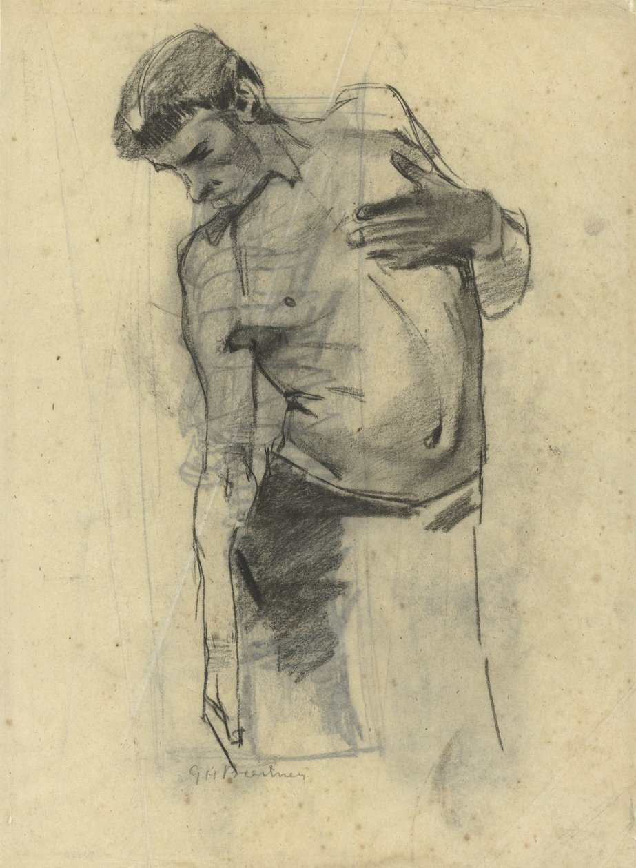 Modelstudie af stående halvnøgen mand, der kigger ned af George Hendrik Breitner