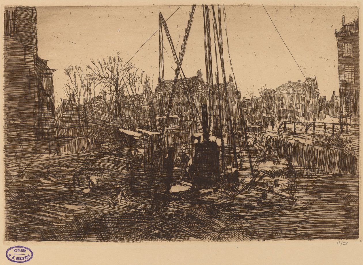 Scene i en hollandsk by med piledriver i forgrunden af George Hendrik Breitner