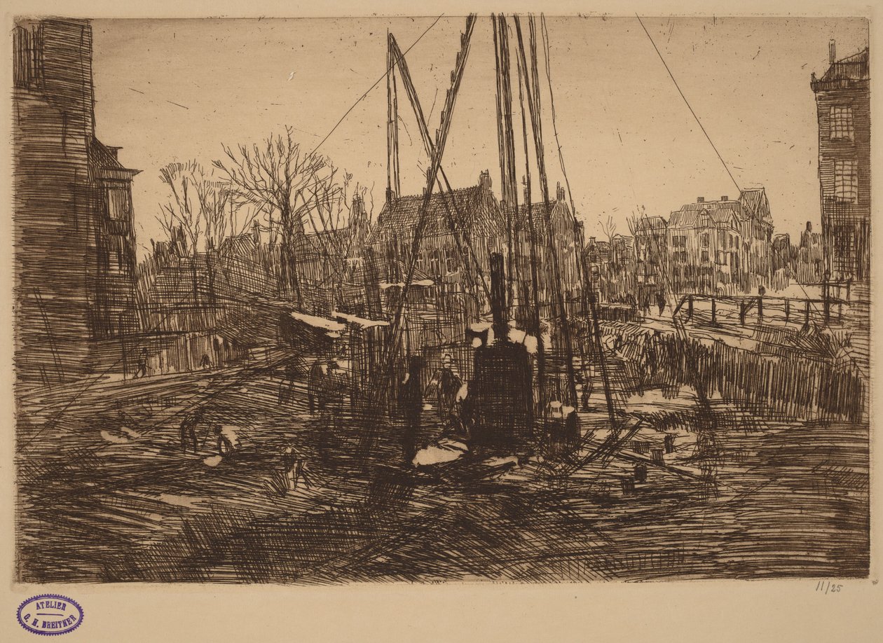Scene i en nederlandsk by med en pælehammer i forgrunden af George Hendrik Breitner