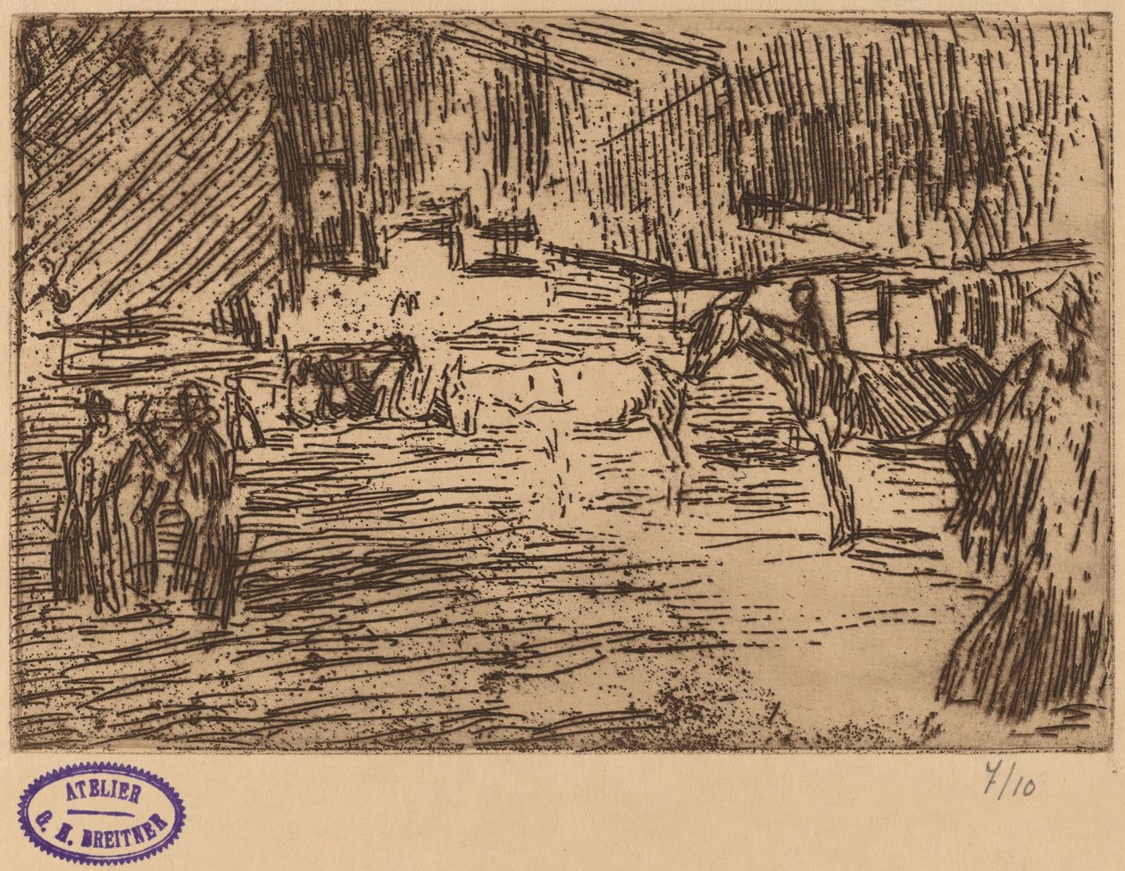 Scene med heste stående i strøm af George Hendrik Breitner