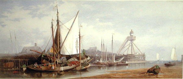 Hollandsk fiskerihavn (akvarel på papir) af George Henry Andrews