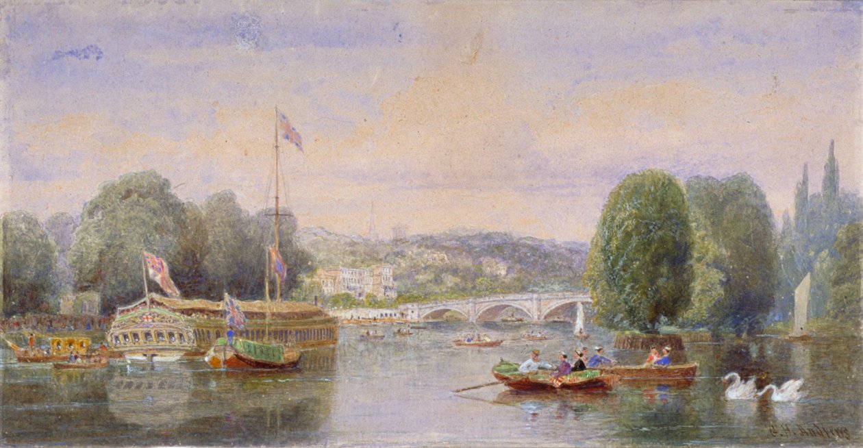 Themsen med Richmond Bridge og Richmond Hill i det fjerne, London, 1867 af George Henry Andrews