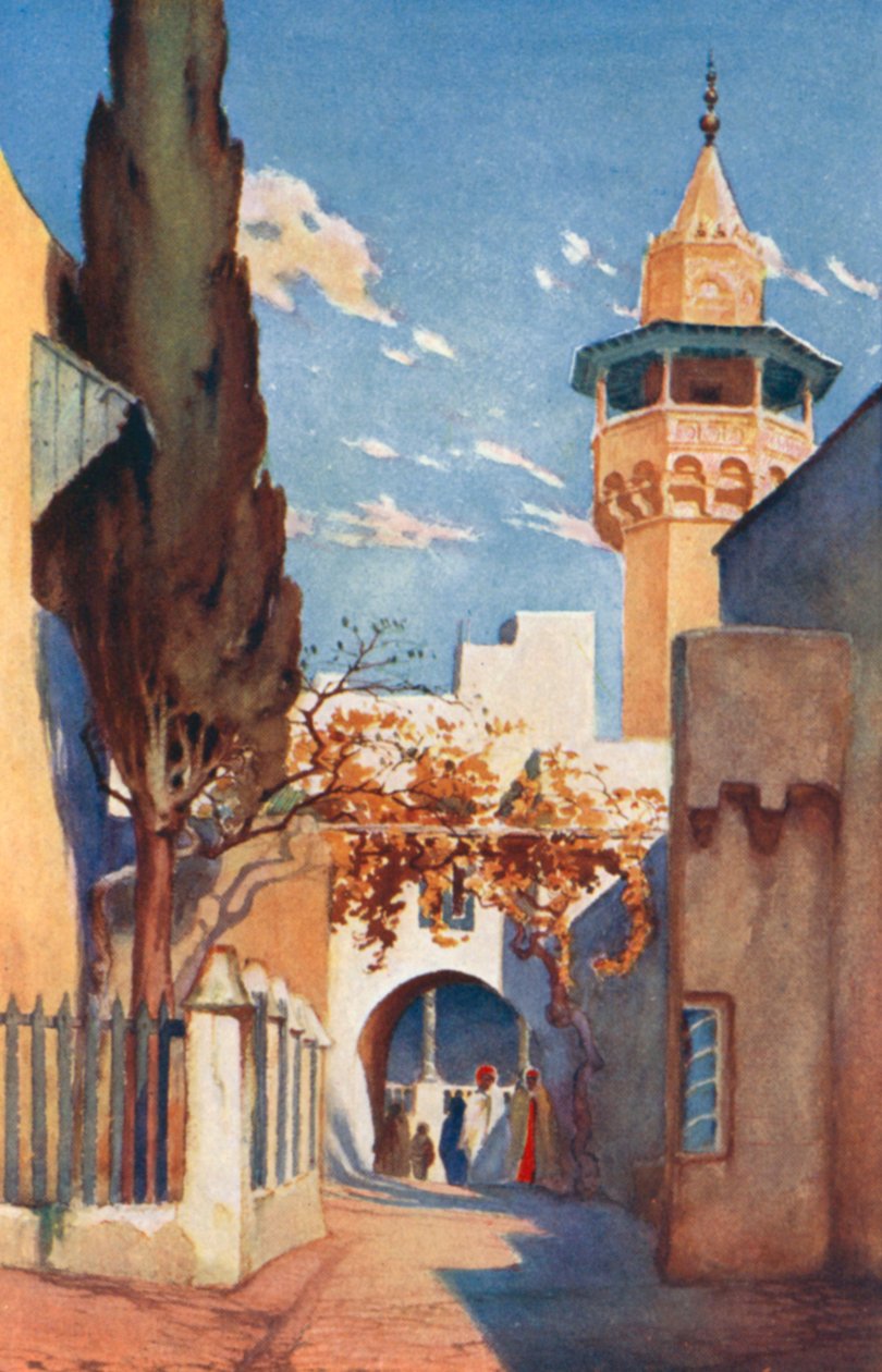 En moské i basaren i Tunis (farvelitografi) af George Henry Benton Fletcher
