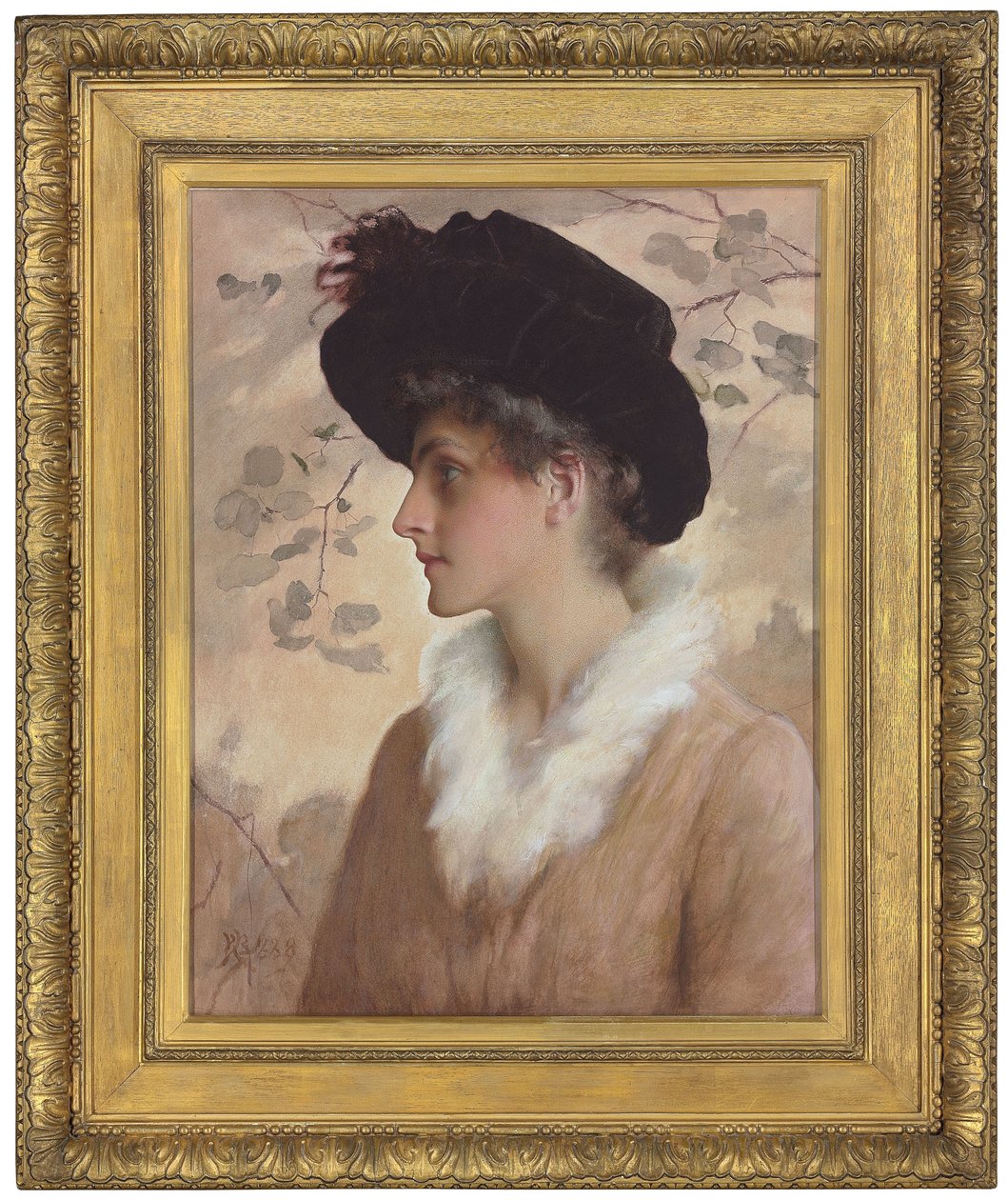 Portræt af en dame, halvlængde, iført sort hat og pelsstol, 1888 af George Henry Boughton