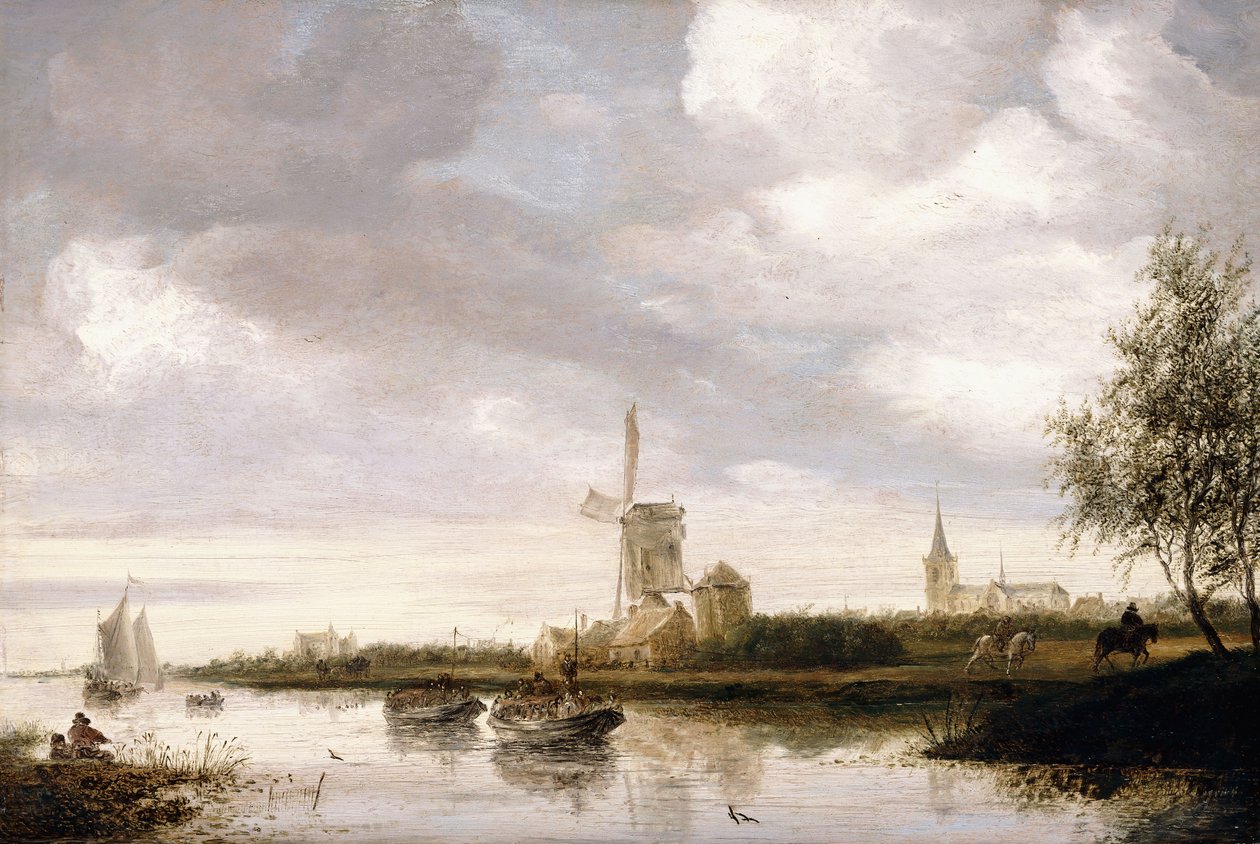 Et flodlandskab med pramme og sejlbåde og en kirke bagved af George Henry Clements
