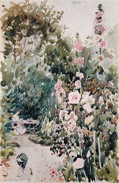Tea in the Hollyhock Garden, Dives, ca. 1890 (akvarel og blyant på papir) af George Henry Clements