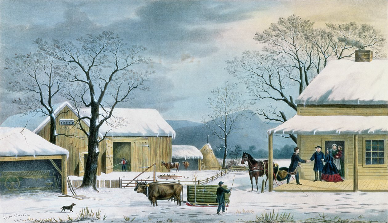 Hjem til Thanksgiving, indgraveret af J. Schulfer, pub. af Currier og Ives, 1867 af George Henry Durrie