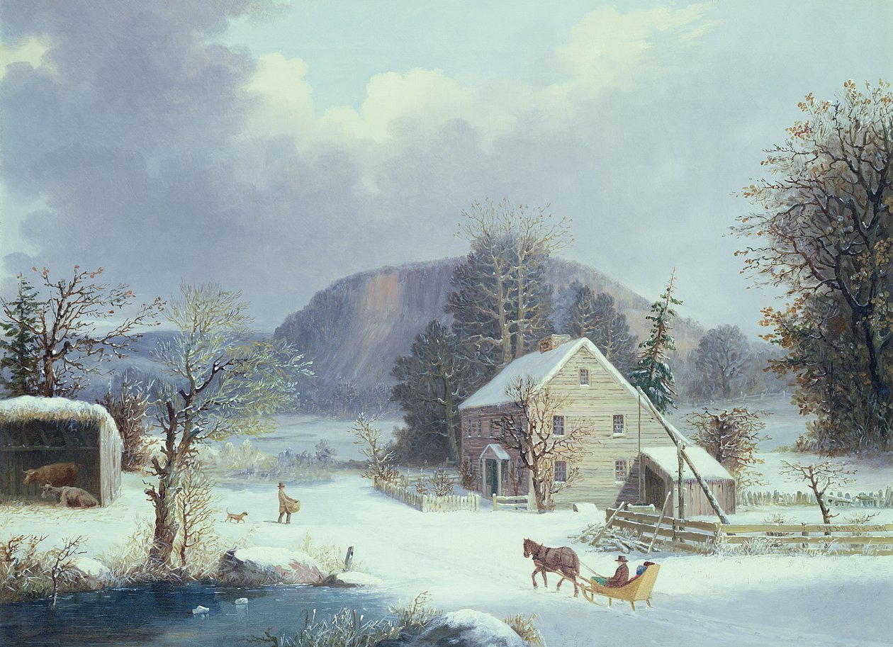 New England Farm ved en vintervej, 1854 af George Henry Durrie