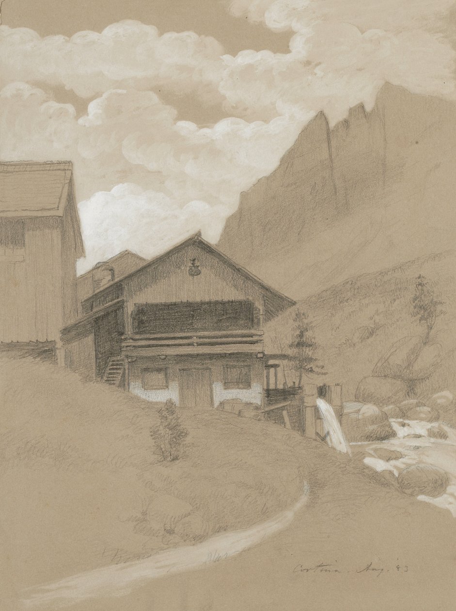 Hus i Alperne, Cortina, 1883 (grafit med hvid gouache på brunt vævet papir) af George Henry Hall