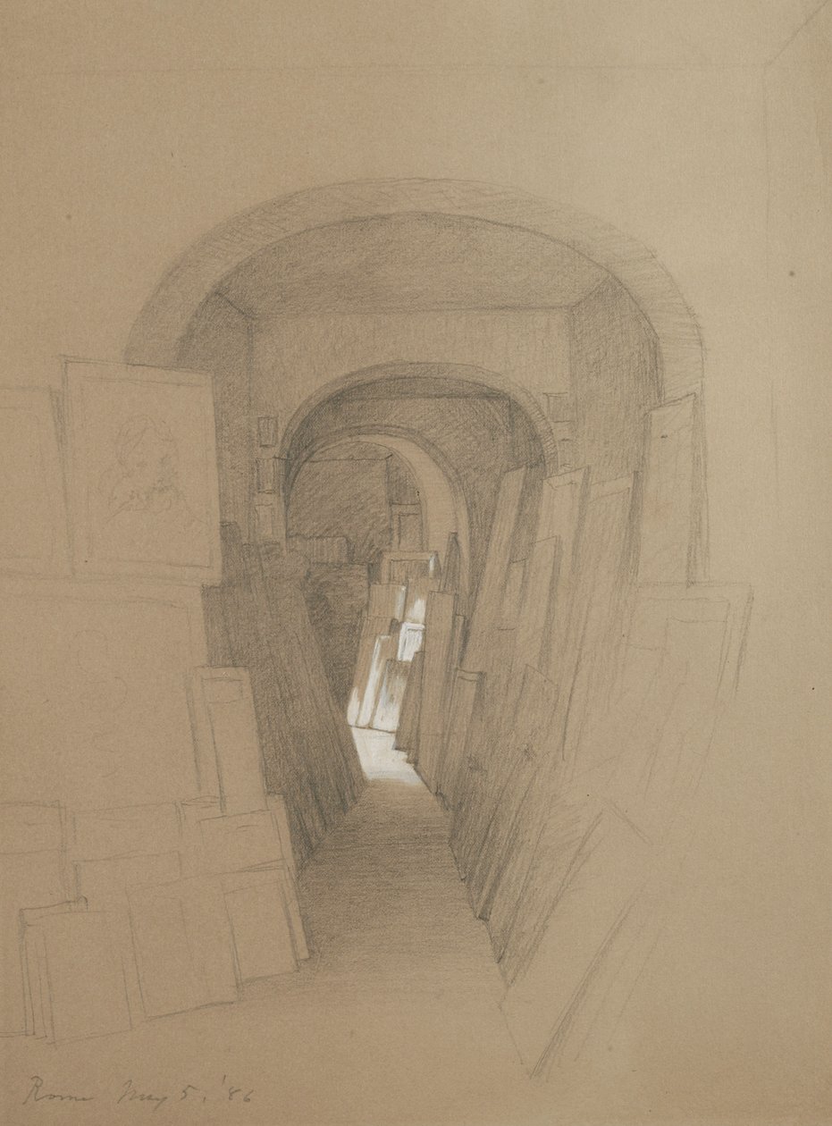 Uden titel - Artists studio, Rom, 1886 (grafit forhøjet med hvid gouache på brunt vævet papir) af George Henry Hall