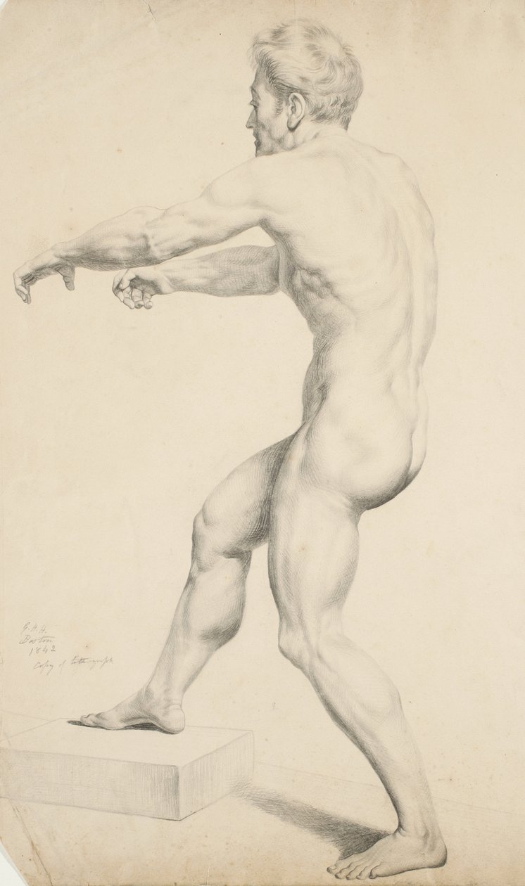 Uden titel - Mand nøgen kopieret fra et litografi, 1842 (grafit på gulfarvet papir) af George Henry Hall
