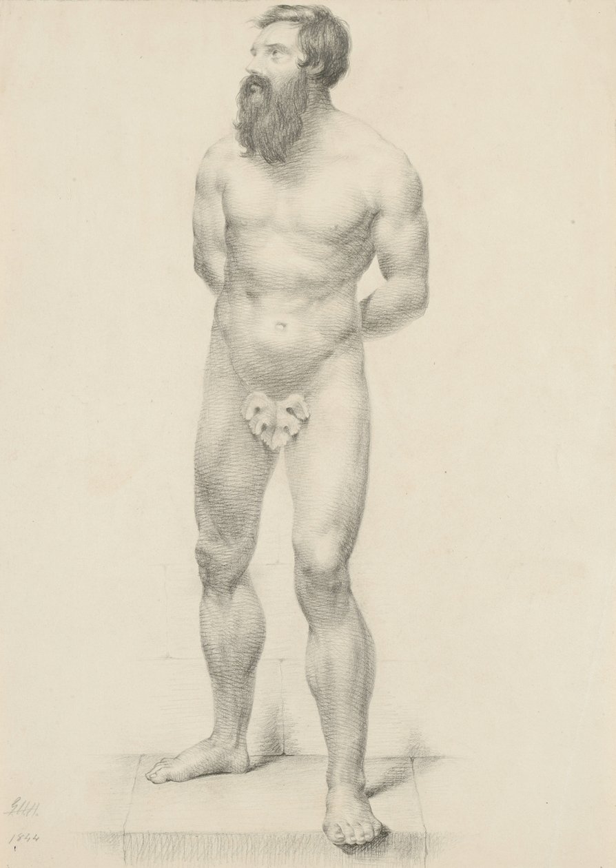 Uden titel - Stående mandlig nøgen med figenblad, 1844 (grafit på gulvævet papir) af George Henry Hall