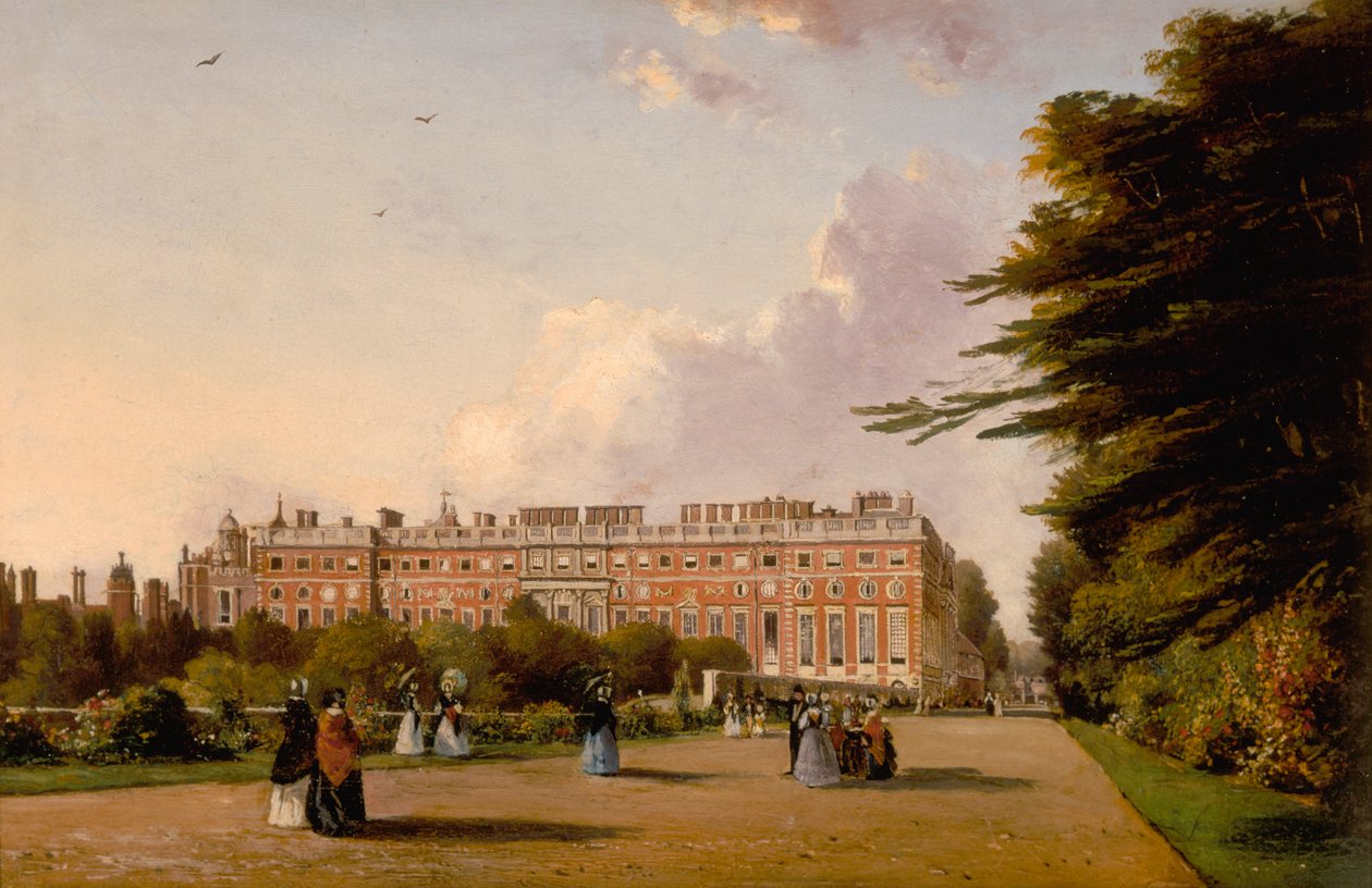 Udsigt over sydfronten af Hampton Court Palace fra Broad Walk, ca. 1827-49 (olie på lærred) af George Hilditch