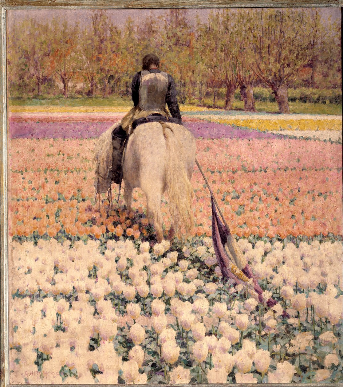 Besejret En skudt rytter krydser en tulipanmark efter nederlag. Maleri af George Hitchcock (1850-1913) (ec. am.) 1898 søn. 1x0,9 m Paris, musee d