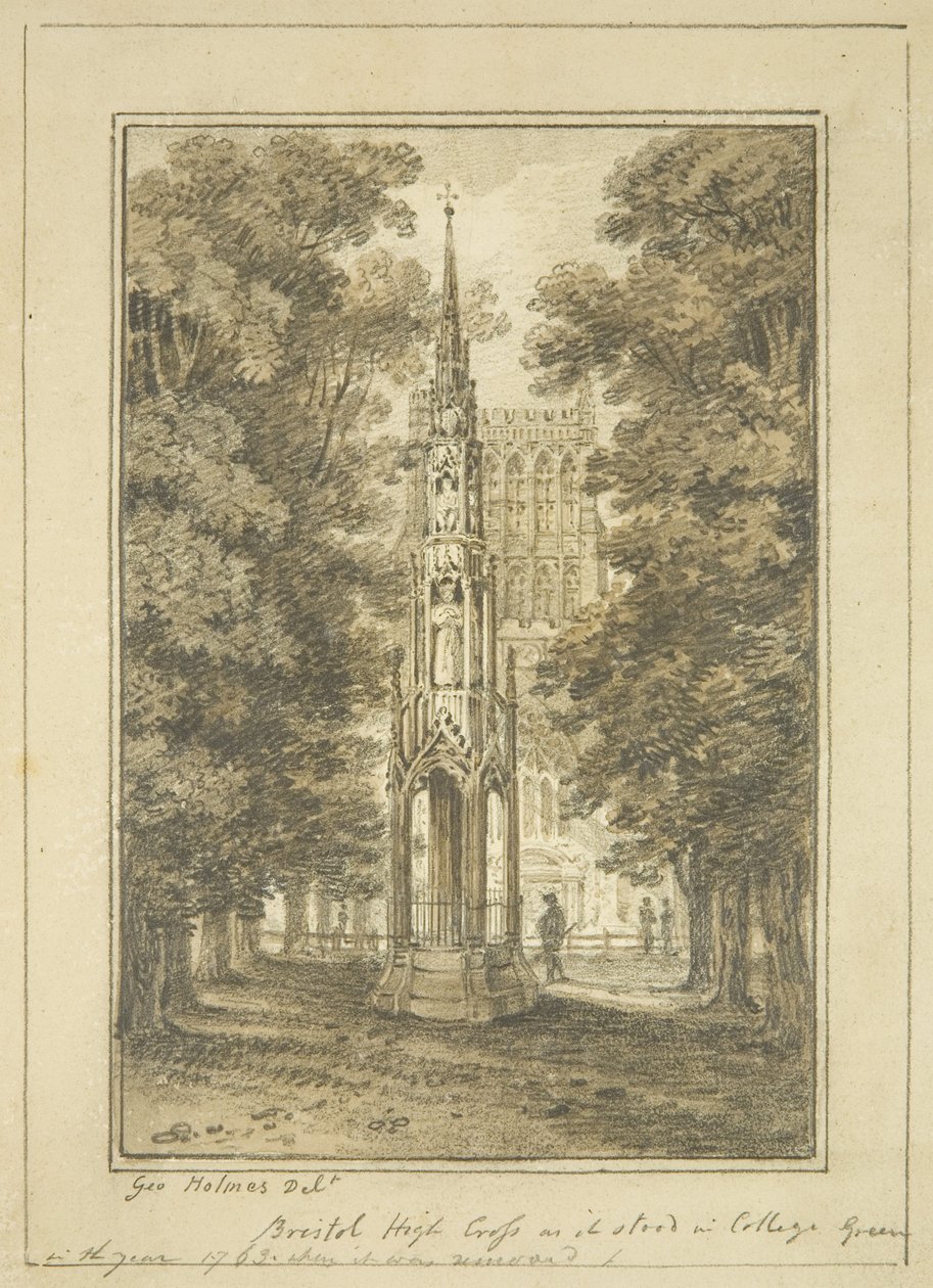 Bristol High Cross, som det stod i College Green i 1763 (blyant og akvarel på papir) af George Holmes
