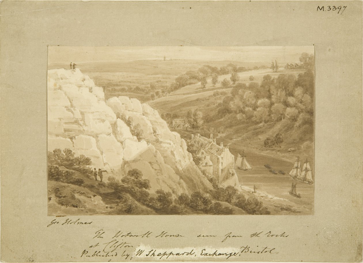 Hotwell House fra Clifton Rocks, c1815 (blyant og akvarel på papir) af George Holmes