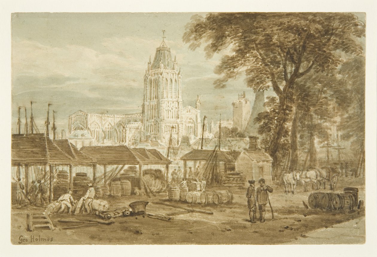 St Mary Redcliffe Church fra Welsh Back (blyant og akvarel på papir) af George Holmes