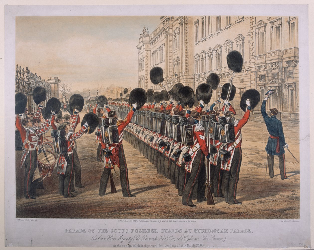 Parade af Scots Fusilier Guards ved Buckingham Palace om morgenen efter deres afgang til Krigssædet, den 2. marts 1854, indgraveret af E. Walker, udgivet af Colnaghi und Co., 1854 af George Housman Thomas