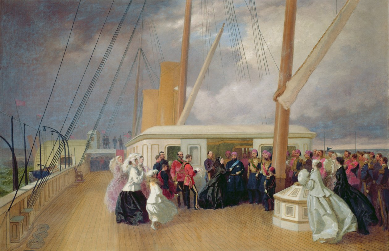 Dronning Victoria investerer sultanen med strømpebåndsordenen om bord på Royal Yacht, 17. juli 1867, 1867 af George Housman Thomas
