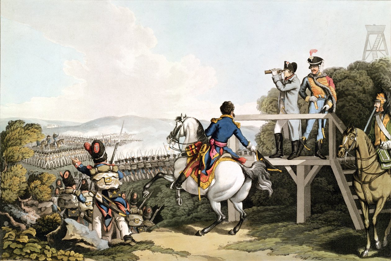 Bonaparte (1769-1821) Lige før sin flugt, ser på angrebet af hans kejserlige garde, Waterloo, 18. juni 1815, indgraveret af Matthew Dubourg (fl.1813-20) af George Hum