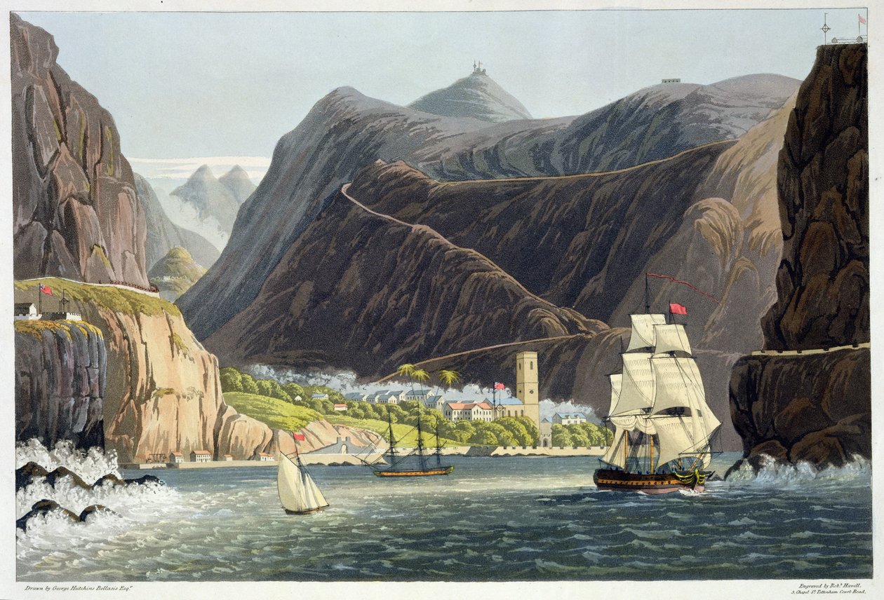 The Roads, St. Helena, indgraveret af Robert Havell (1793-1878) 1815 (farvegravering) af George Hutchins Bellasis