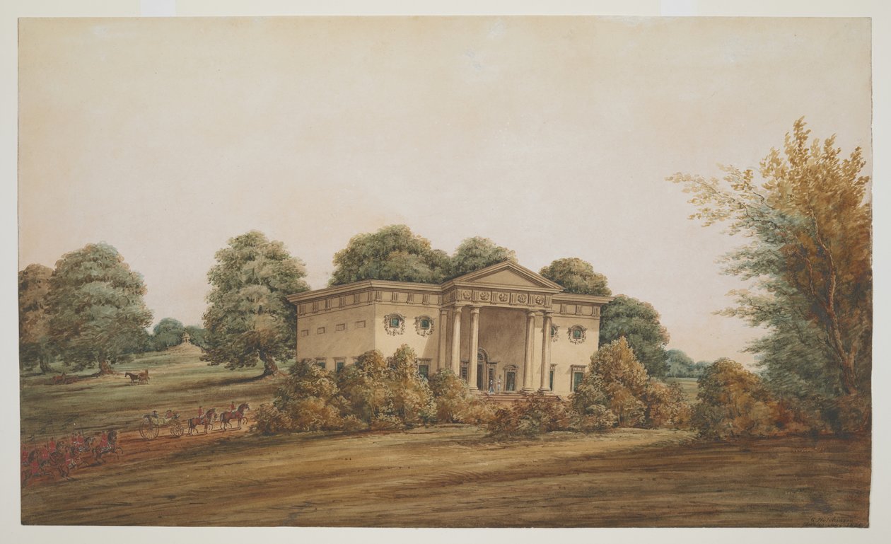 Et palladisk havehus i et parklignende landskab, Delhi, med en vogn og outriders nærmer sig af George Hutchinson