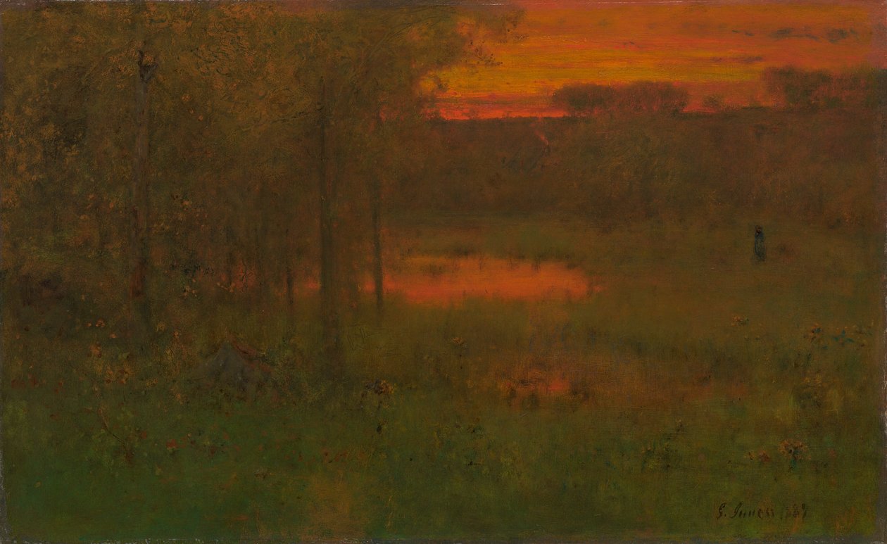 Landskab, solnedgang af George Inness