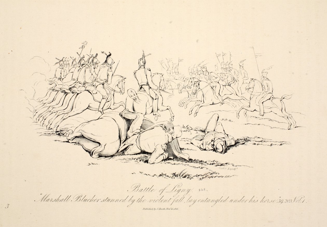 Slaget ved Ligny: Marshall Blucher, bedøvet af det voldsomme fald, lå viklet ind under sin hest, pubben J. Booth, 1816 af George Jones